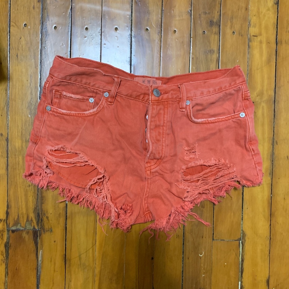 We Are The Free X Free People High/Mid Rise Cut Off Distressed Jean Short - Red